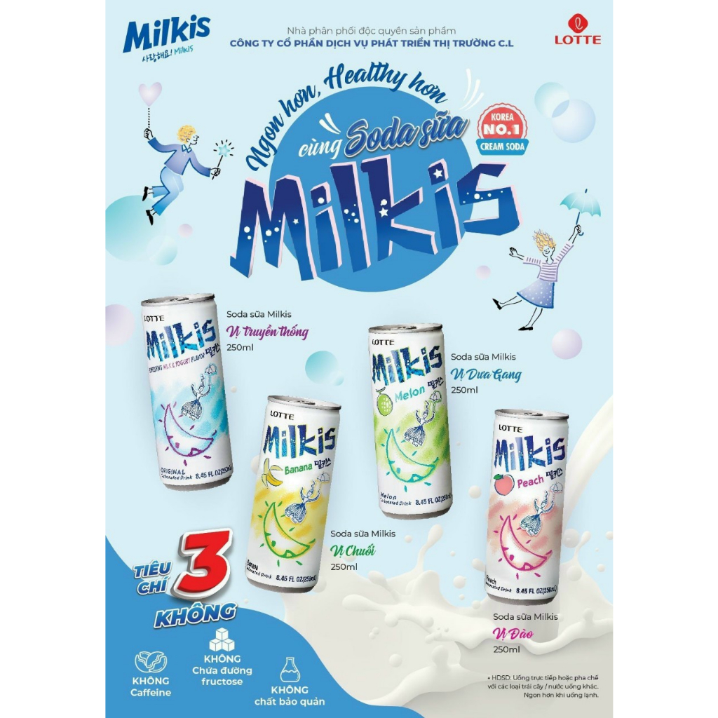 Lốc 6 Lon Soda Sữa Milkis Lotte (Truyền Thống, Chuối, Dưa Gan, Dâu) 250ml x 6 lon