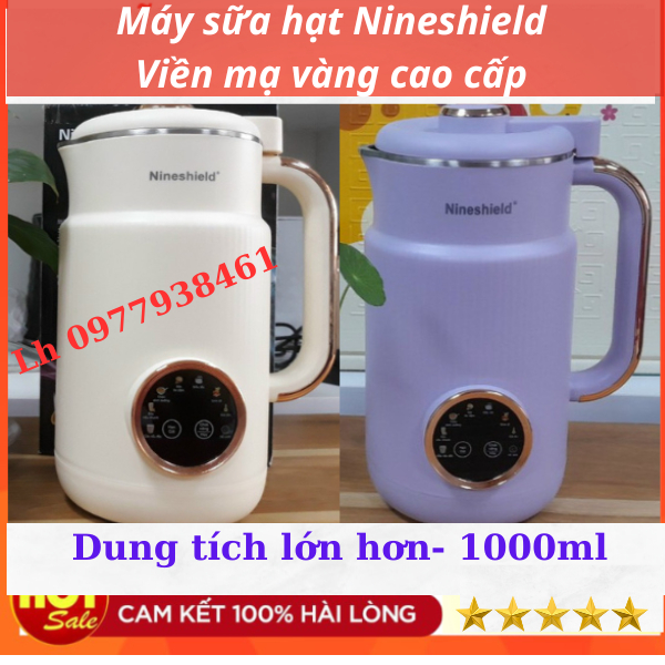 Máy làm sữa hạt Nineshield KB110-1000ml viền mạ vàng cao cấp, Máy xay nấu sữa hạt mini Nineshield KB108 hính hãng loại 1