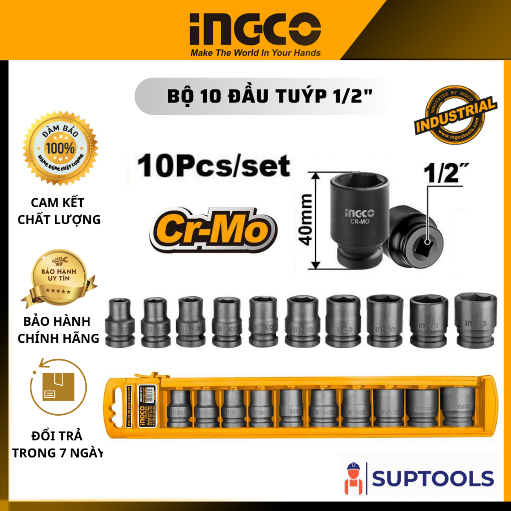 ĐỒ NGHỀ INGCO Bộ 10 đầu tuýp 1/2" HKISSD12101 [Chính Hãng 100%]