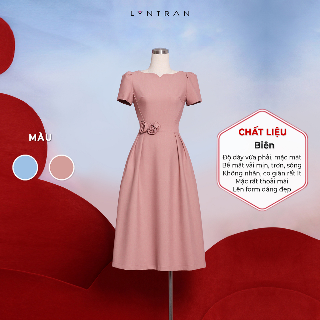 Đầm midi cổ điển đính hoa eo, váy công sở LYN TRAN tay ngắn DX-3018N