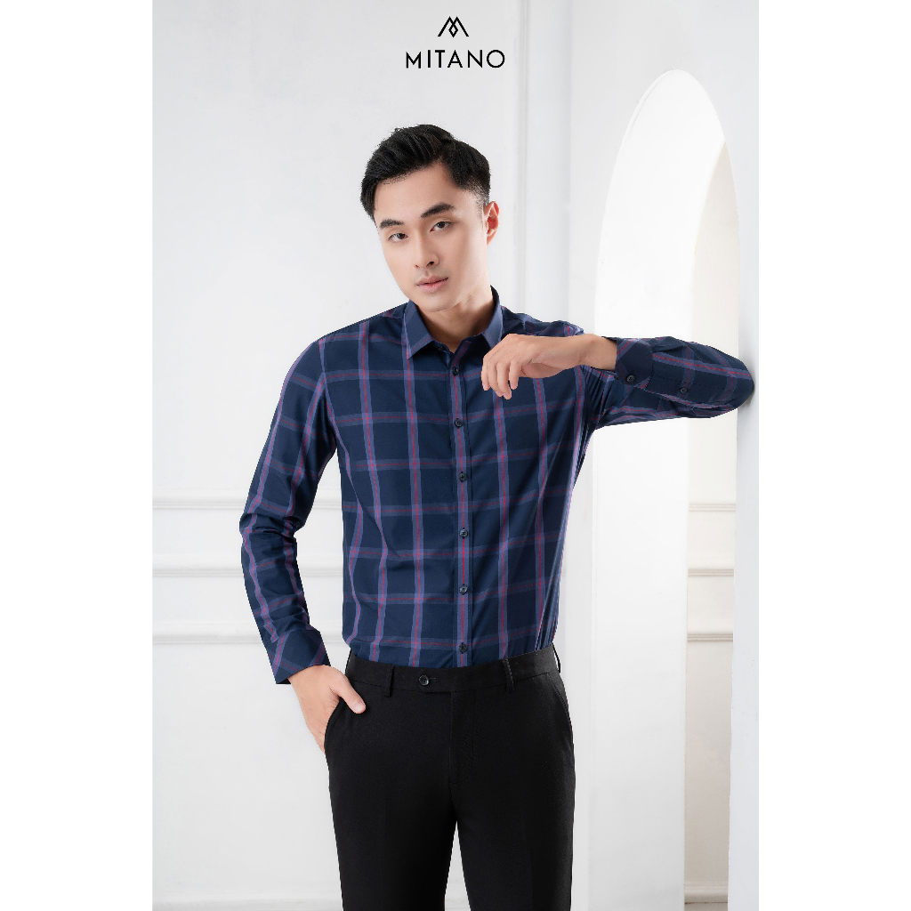 Áo sơ mi nam dài tay kẻ caro Mitano slimfit, vải bamboo.