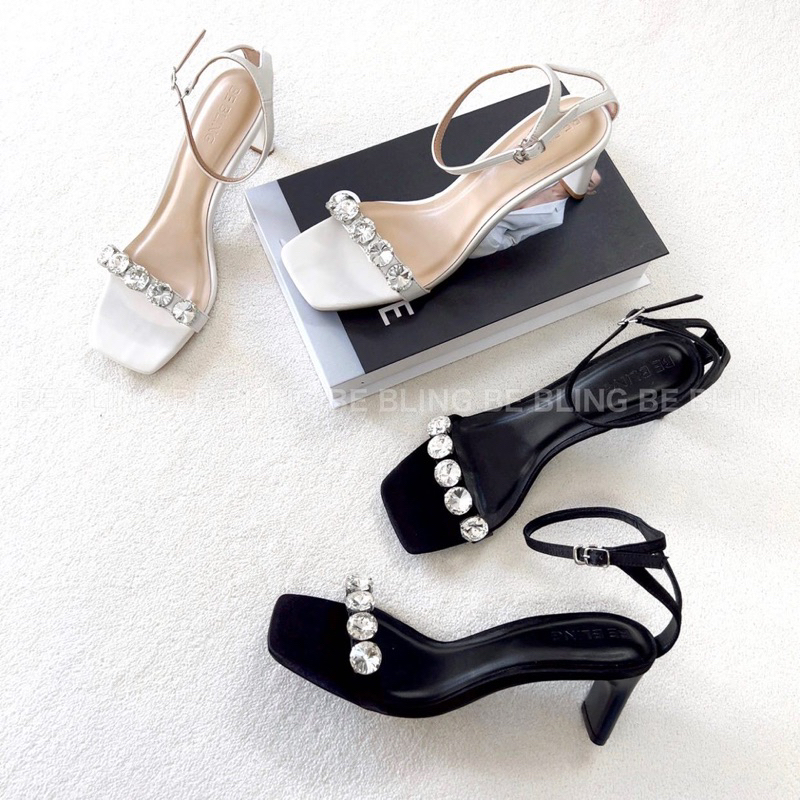 Giày Sandal Cao Gót Quai Ngang Đính Đá