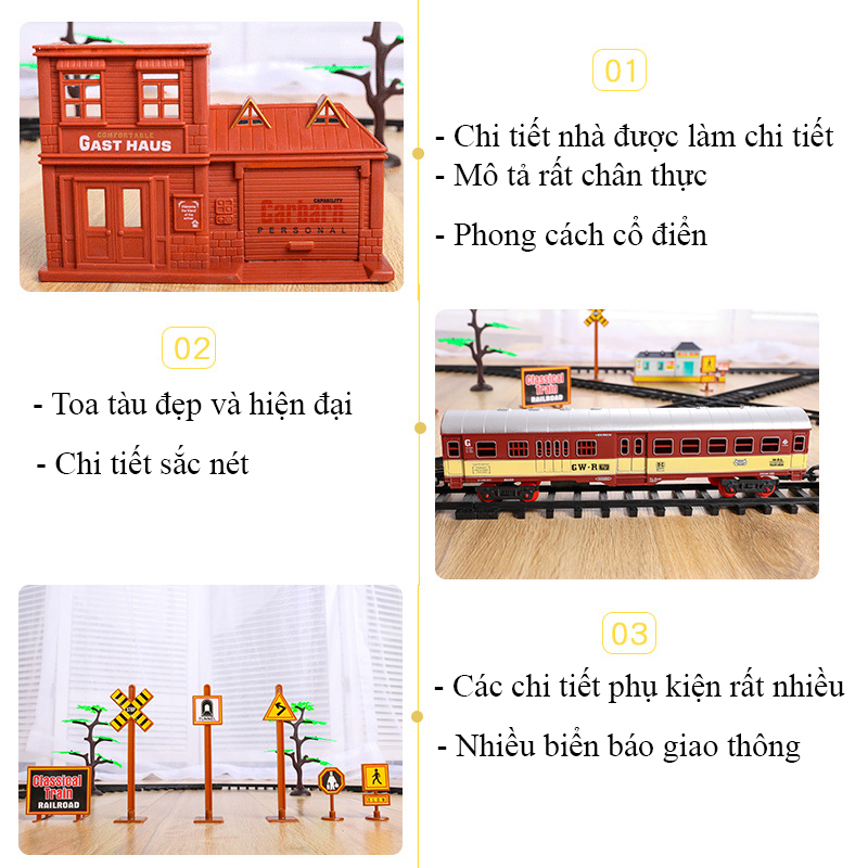 Bộ đồ chơi đường ray xe lửa cổ điển KAVY phun được khói, chất liệu hợp kim có nhạc và đèn, chạy pin, nhiều phân loại
