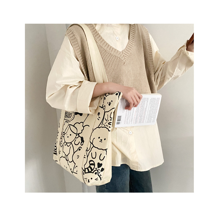 Tote vải họa tiết doodle hoạt hình cute