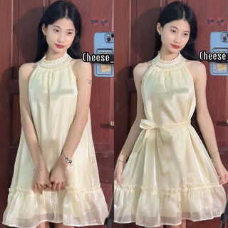 Đầm cổ yếm dáng ngắn organza hồng/be -ORIMI