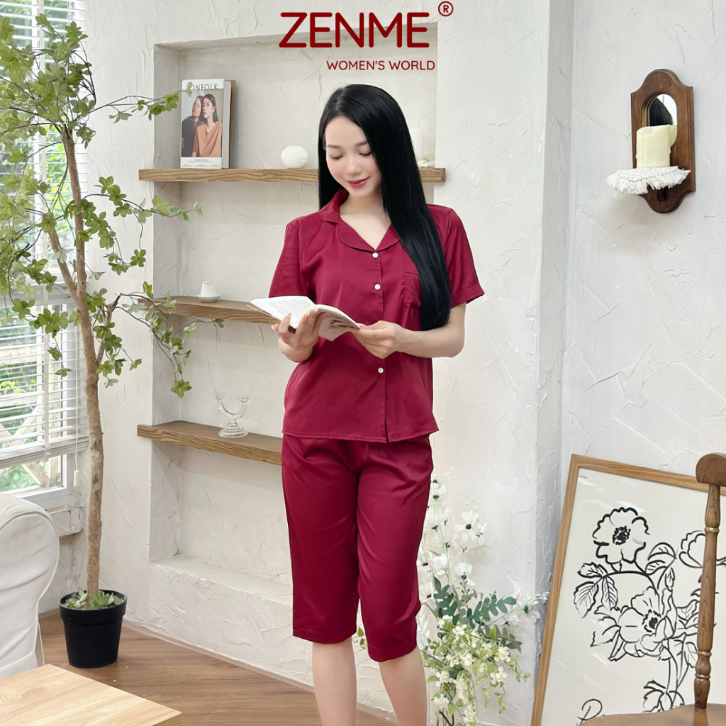 Bộ mặc nhà, đồ ngủ Pijama nữ tay ngắn quần lửng lụa cao cấp mềm mịn thoáng mát ZENME PJL0723