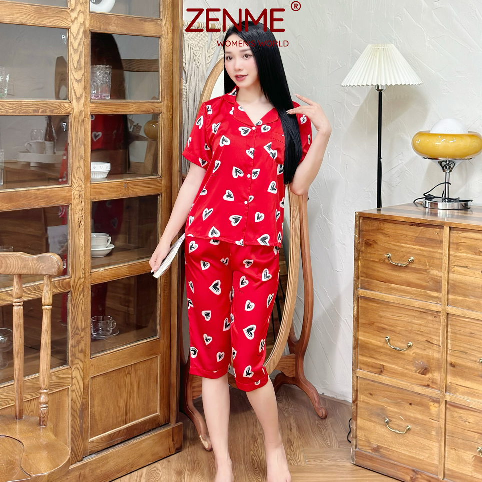 Bộ mặc nhà, đồ ngủ Pijama nữ tay ngắn quần lửng lụa cao cấp mềm mịn thoáng mát ZENME PJL0723