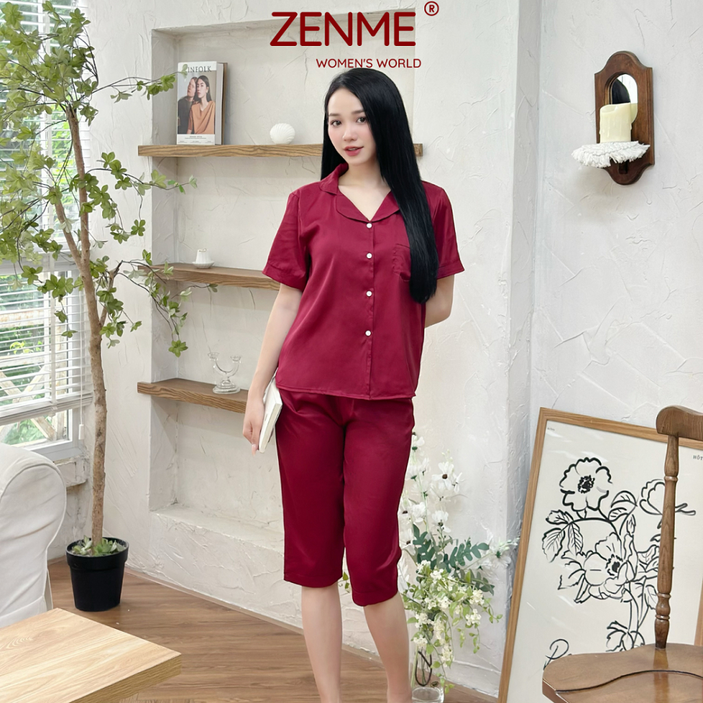 Bộ mặc nhà, đồ ngủ Pijama nữ tay ngắn quần lửng lụa cao cấp mềm mịn thoáng mát ZENME PJL0723