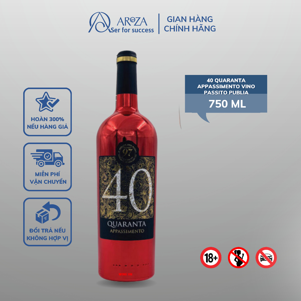Rượu Vang Đỏ Red Wine Rượu Vang Ý 40 Quaranta Appassimento AROZA 15% 750ml
