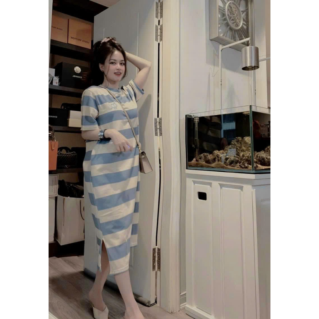 Đầm suông kẻ xanh thêu hình hổ, váy suông nữ cộc tay kẻ phong cách năng động cá tính