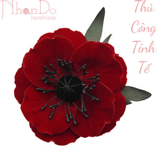 Hoa cài áo thủ công cao cấp- Hoa POPPY - Màu đỏ đô size 9cm- Vải Nhung-Hoa vải Nhando Handmade