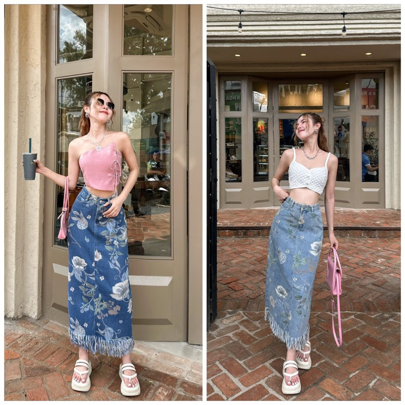 Chân váy jean hoa văn tua rua