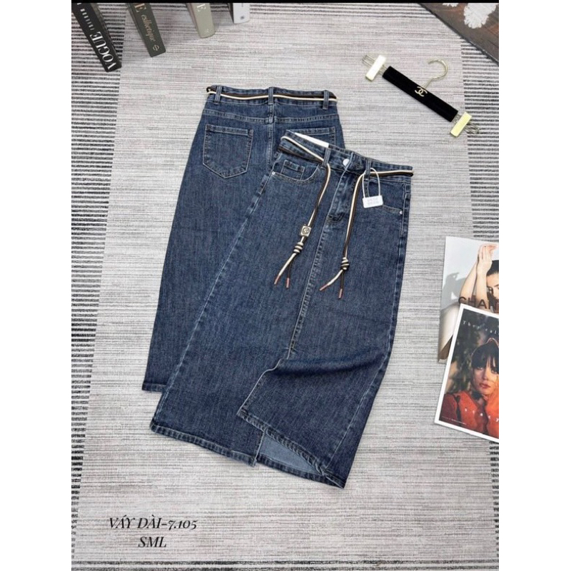 Chân váy jean dài co dãn xẻ tà kèm dây các mẫu hot hàng QCCC
