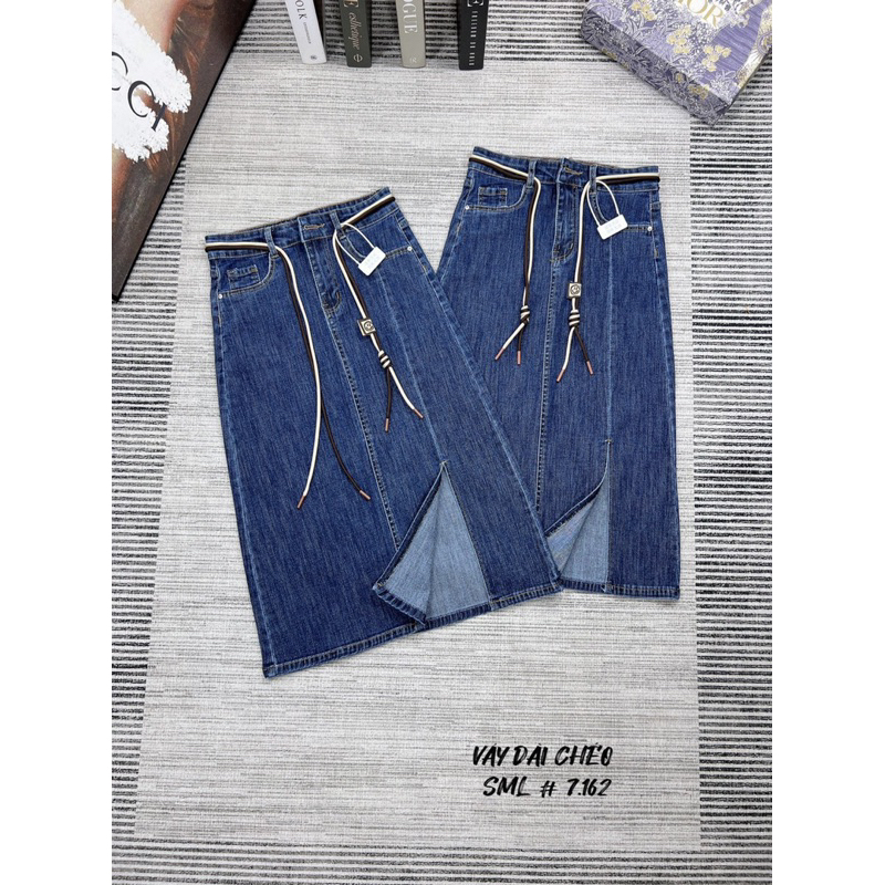 Chân váy jean dài co dãn xẻ tà kèm dây các mẫu hot hàng QCCC