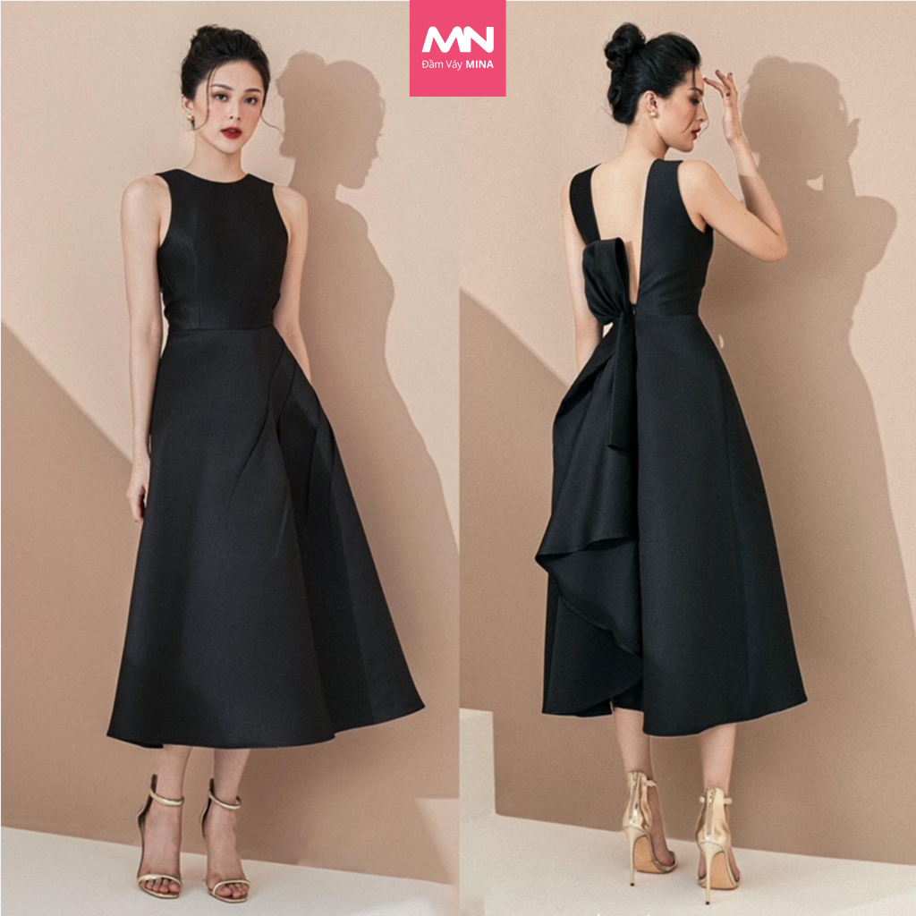 Váy thiết kế MINA sang trọng hở lưng phối nơ dáng xoè midi màu đen vải Taffta lụa cao cấp quyến rũ MN104