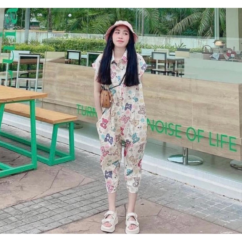 Jum hoạ tiết hoạt hình đi chơi , du lịch  Jum ngố sát nách gấu thái lan Đồ Bay Jumpsuit Không Tay Dáng Rộng