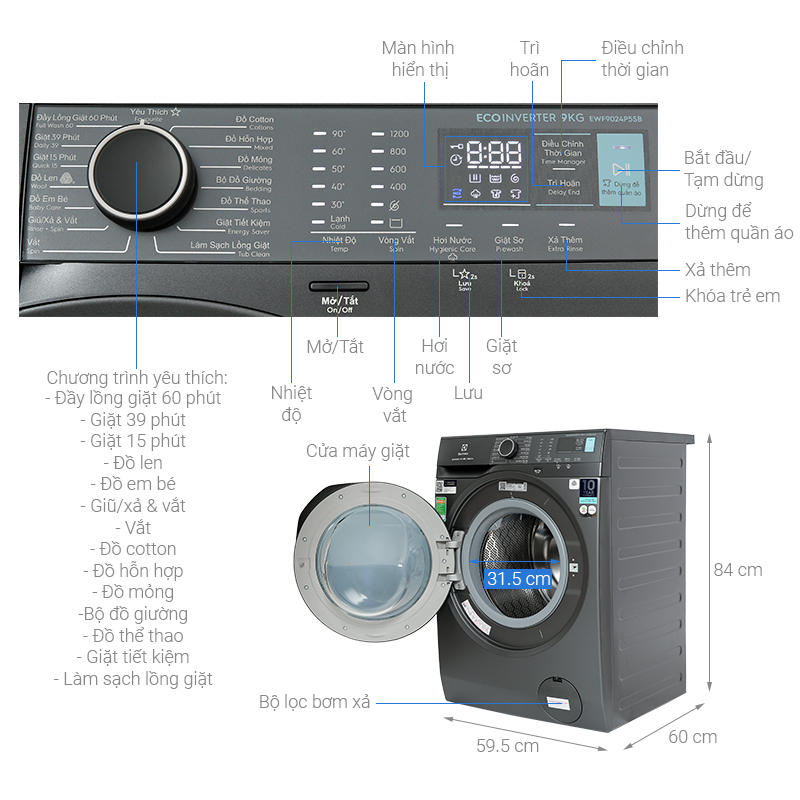 Máy giặt Electrolux Inverter 8 kg EWF8024P5WB -Hàng chính hãng