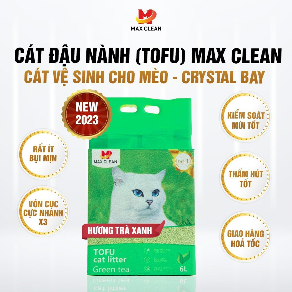 Cát vệ sinh cho mèo Max Clean, Cát đậu nành mùi trà xanh hạt nhuyễn 2,5 kg 6 lít - Max Clean