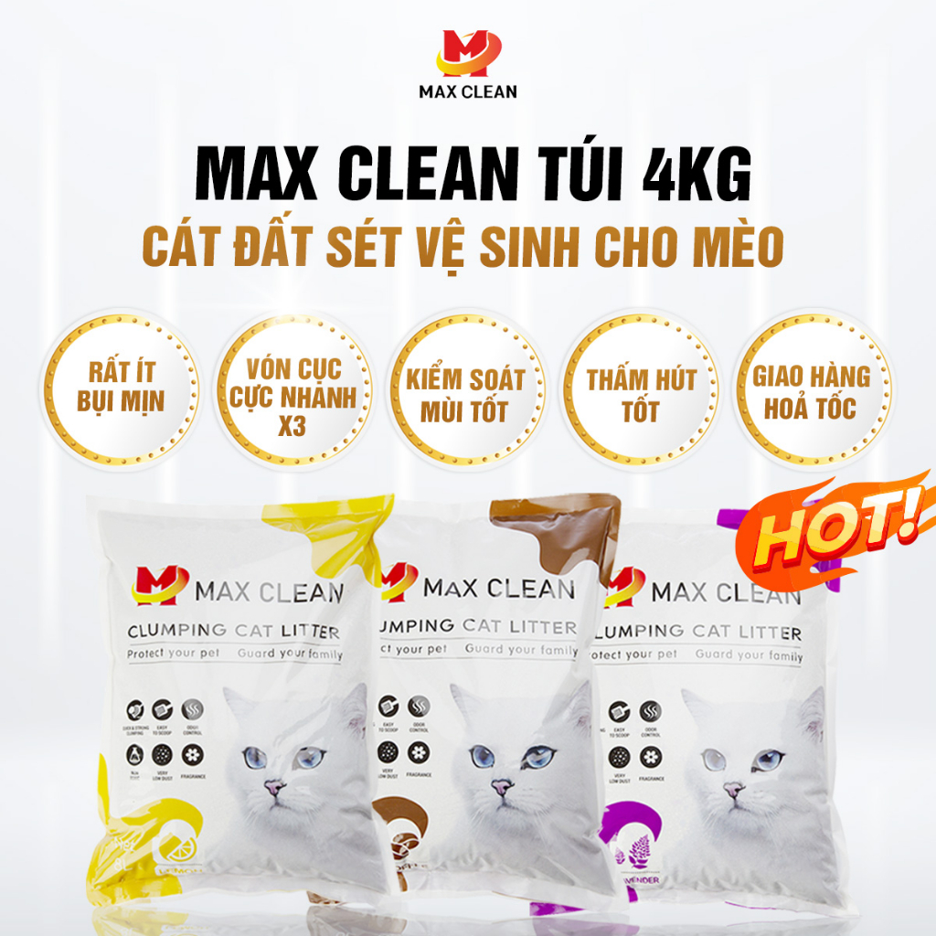 Cát vệ sinh cho mèo Max Clean, Cát đất sét siêu vón, ít bụi, khử mùi tốt, 4kg 8 lít - Max Clean