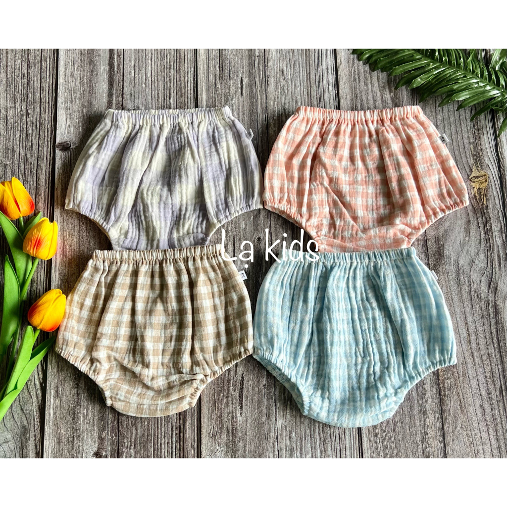 Quần bí vải xô muslin caro cho bé trai, bé gái,