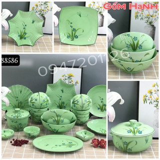 Bộ bát đĩa gốm sứ Bát tràng - Bán lẻ món - Men ngọc vẽ chuồn cỏ siêu đẹp - Sản xuất tại xưởng Gốm Hạnh