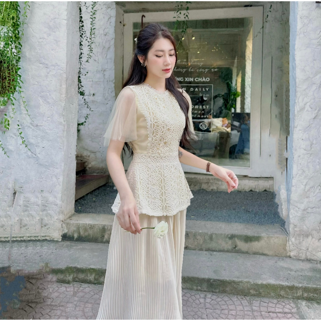 Sét váy áo ren mix chân váy dập ly xinh tiểu thư