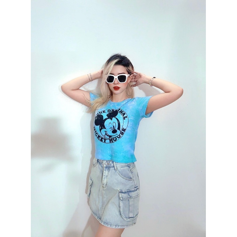 Áo baby tee cổ tròn thun tổ ong loang màu in micky, 3 màu