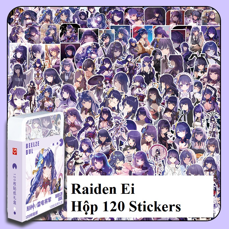 Hộp sticker Raiden Ei shogun Genshin Impact Hộp nhựa 120 miếng hình dán Sticker (không trùng nhau)
