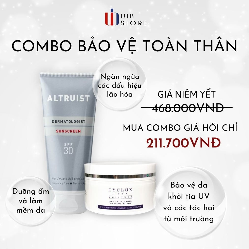 Combo bảo vệ toàn thân gồm Kem chống nắng Altruist SPF30 200ml và Kem dưỡng ẩm hằng ngày Cyclax