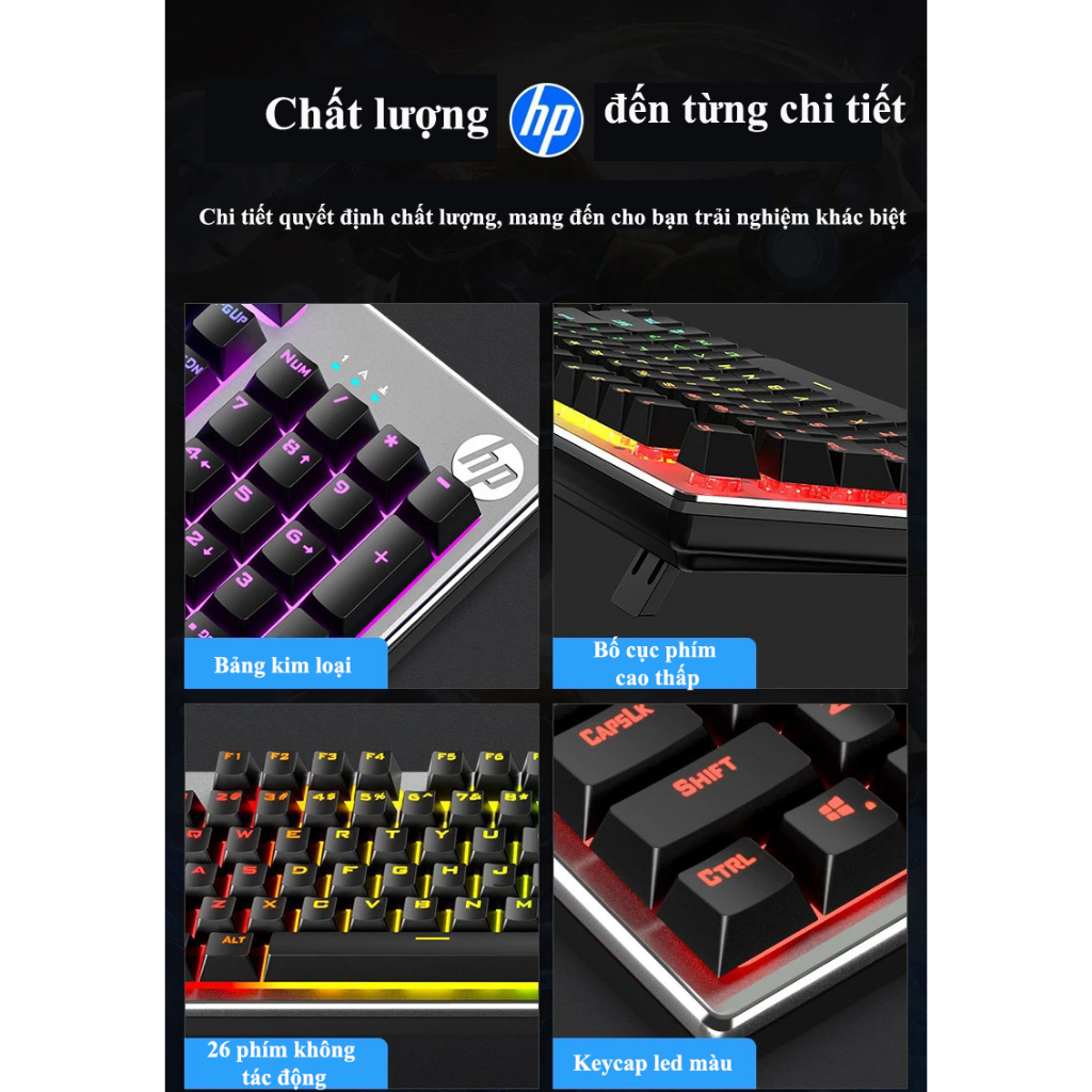 Combo bàn phím + chuột giả cơ HP KM300F bảng kim loại gaming led màu