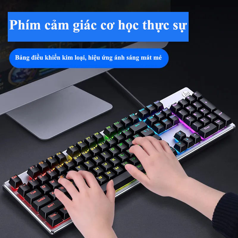 Combo bàn phím + chuột giả cơ HP KM300F bảng kim loại gaming led màu