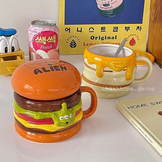 Cốc sứ uống nước hoạ tiết hình Hamburger và Crepe dễ thương, ly có nắp sứ chịu nhiệt hoạt hình màu sắc |Chanhhomedecor|