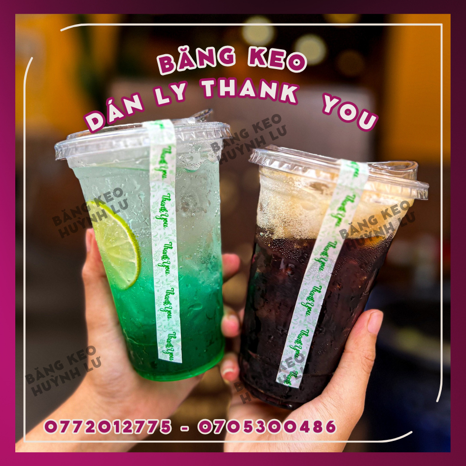 Cuộn băng keo dán ly trà sữa, dán chai, dán hộp in chữ THANK YOU -