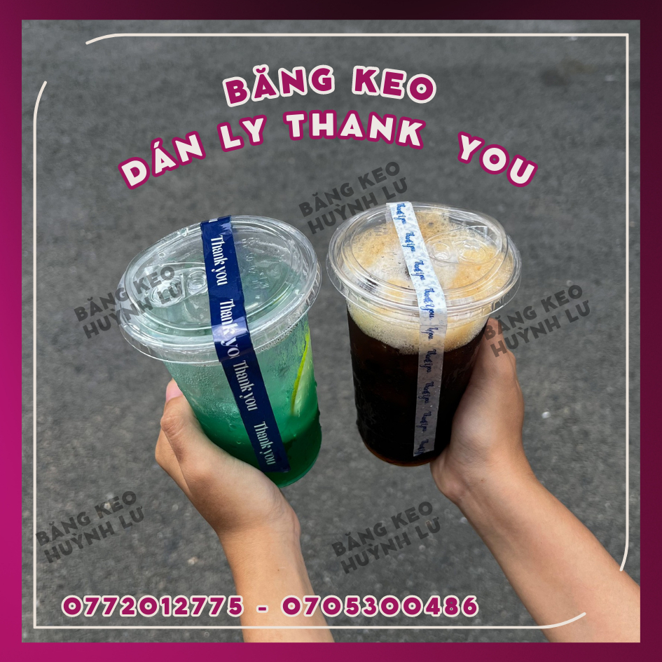 Cuộn băng keo dán ly trà sữa, dán chai, dán hộp in chữ THANK YOU -