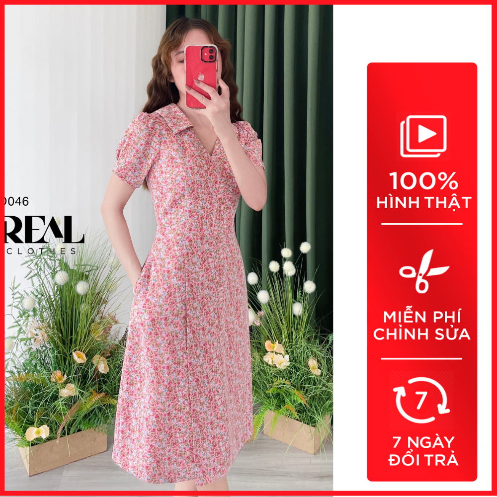 Đầm Chéo Cổ Lá Sen Hoa Hồng_REAL