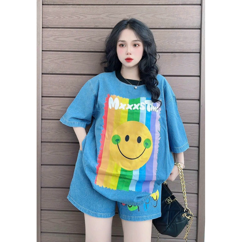 Set áo jean cổ tròn in hình phối quần short sang trọng VIENS STORE