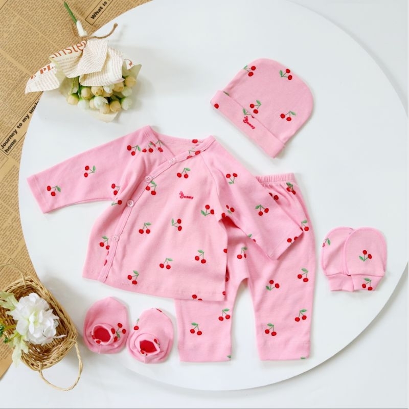 Bộ dài sơ sinh Bé gái cúc chéo Bunnybaby cotton hàn bao gồm nón vớ