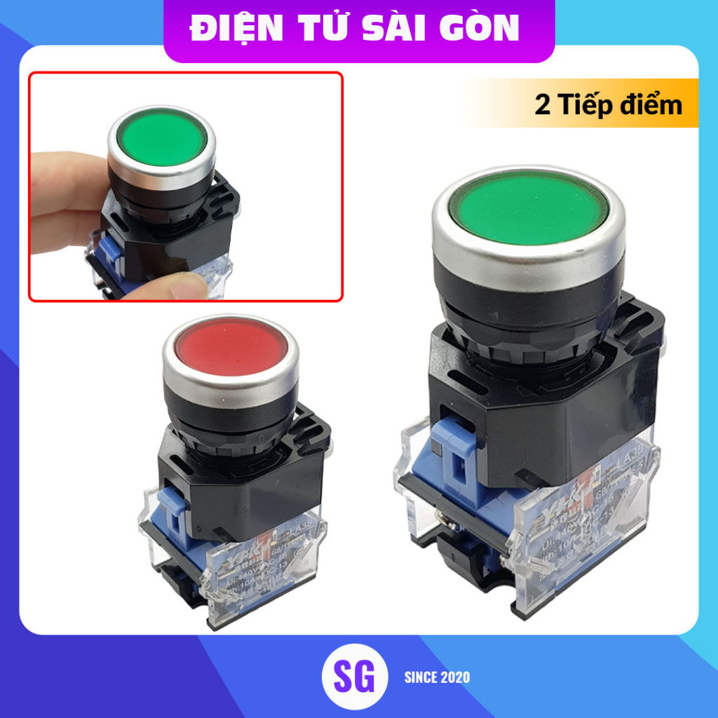 Nút nhấn nhả 2 tiếp điểm LA38-11BN 22mm màu đỏ - Xanh lá