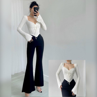 Áo croptop tay dài loe vạt nhọn thắt nơ ngực