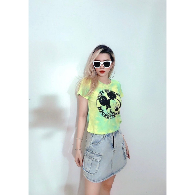 Áo baby tee cổ tròn thun tổ ong loang màu in micky, 3 màu