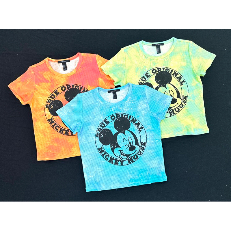 Áo baby tee cổ tròn thun tổ ong loang màu in micky, 3 màu