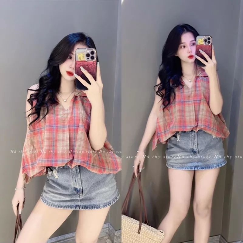 Áo Kiểu Cổ Sơmi Dáng Phồng Họa Tiết Caro Trendy Cực Sang