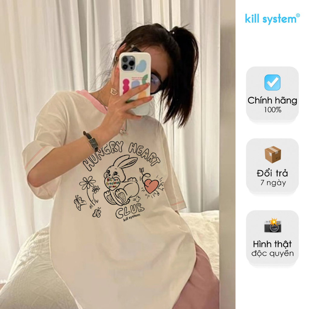 Áo thun form fit Kill System Hungry Heart màu kem hồng chất vải cotton