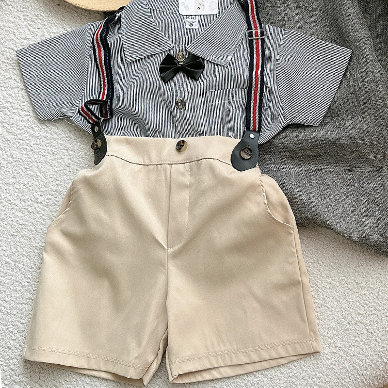 Sét Bộ Công Tử Bé Trai KEYER KIDS, Bộ Áo Sơ Mi Mềm Mát Kèm Dây Đeo Có Nơ, Quần Short Kaki 2 Da Đứng Dáng SM08