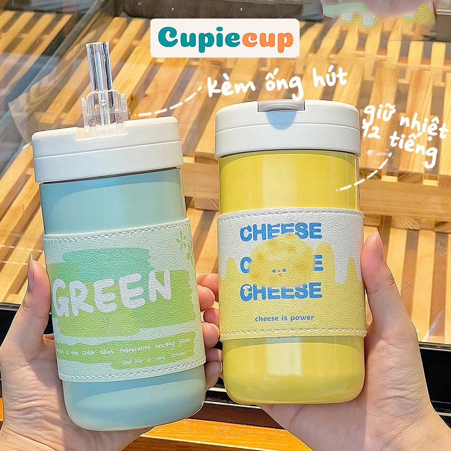 Bình Giữ Nhiệt INOX 304, Thiết Kế Nắp Bật, Kèm Ống Hút Silicon, Dung Tích 500ml, Phong Cách Dễ Thương BGN003