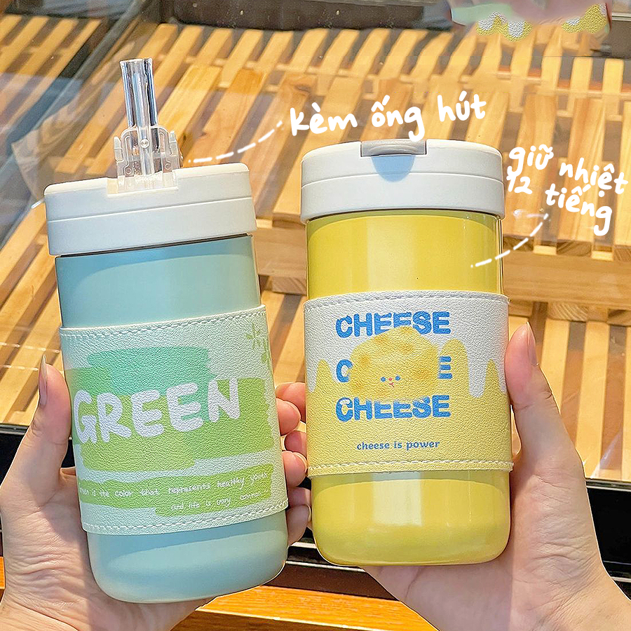 Bình Giữ Nhiệt INOX 304, Thiết Kế Nắp Bật, Kèm Ống Hút Silicon, Dung Tích 500ml, Phong Cách Dễ Thương BGN003