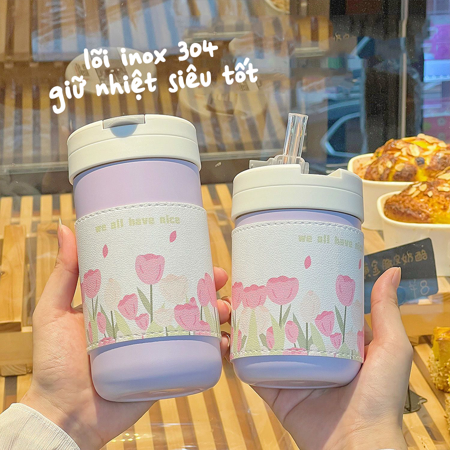 Bình Giữ Nhiệt INOX 304, Thiết Kế Nắp Bật, Kèm Ống Hút Silicon, Dung Tích 500ml, Phong Cách Dễ Thương BGN003