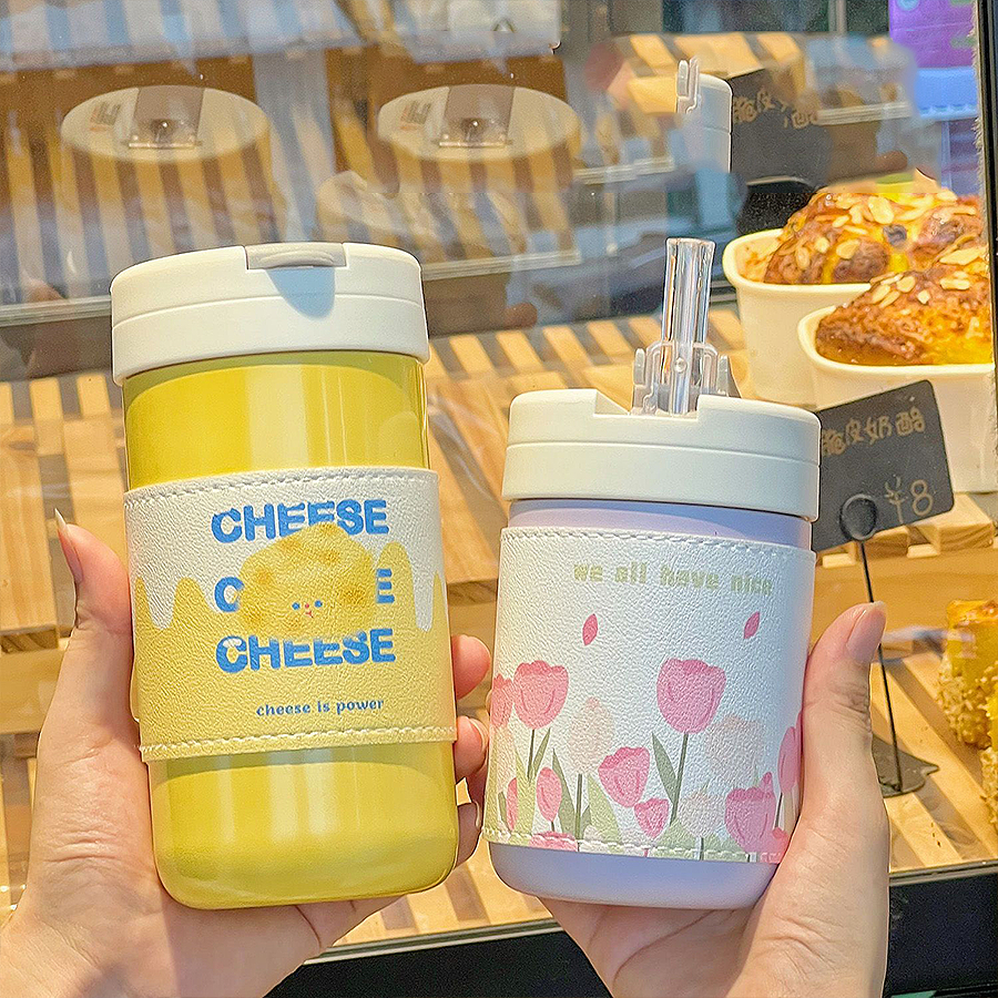 Bình Giữ Nhiệt INOX 304, Thiết Kế Nắp Bật, Kèm Ống Hút Silicon, Dung Tích 500ml, Phong Cách Dễ Thương BGN003