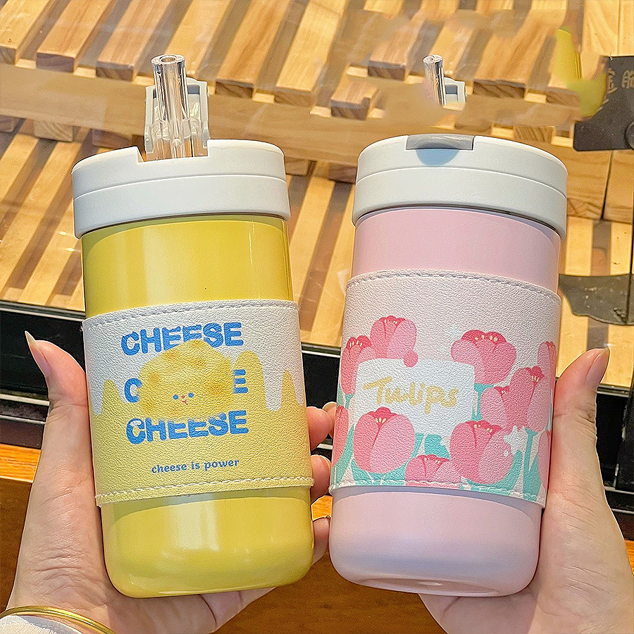 Bình Giữ Nhiệt INOX 304, Thiết Kế Nắp Bật, Kèm Ống Hút Silicon, Dung Tích 500ml, Phong Cách Dễ Thương BGN003