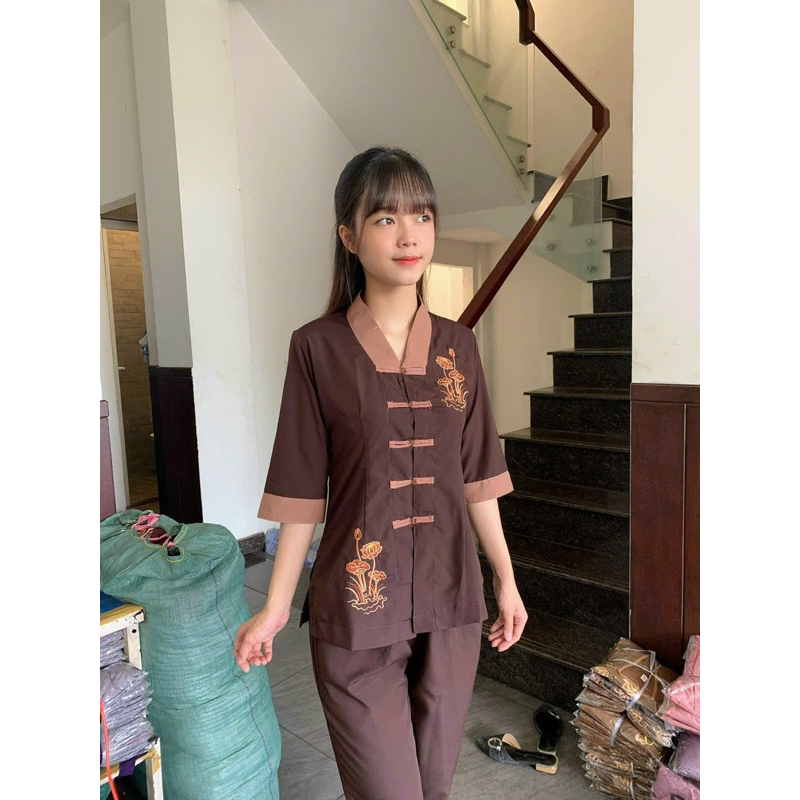 Đồ Lam Đi Chùa, Mẫu La Hán Phối Thêu Hoa Vải Kate